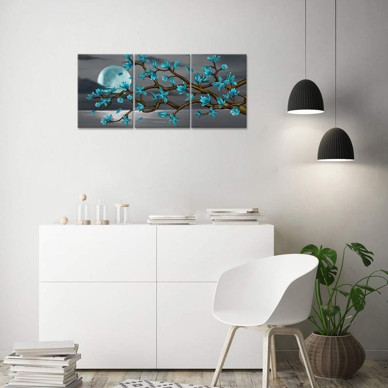 Visual Art Decor Turquoise Flowers Wall Art Teal Magnolia Full Moon Sea Seascape Canvas Prints, Framed Art, Turquoise Bedroom Living Room Home Office Decoration 3 Pieces - Image 3